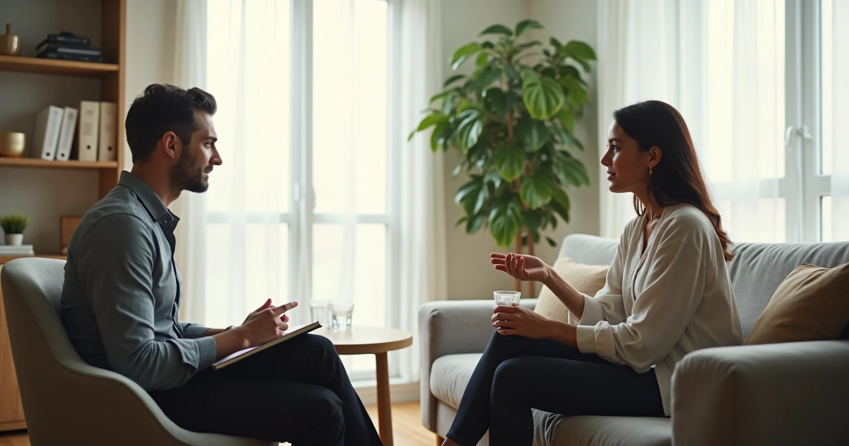 Terapeuta e cliente sentados frente a frente em conversa profunda em consultório acolhedor 