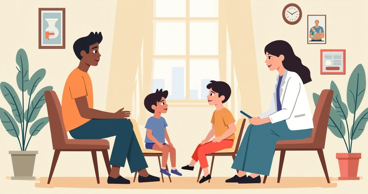 Terapeuta conversa com família e paciente em ambiente aconchegante 