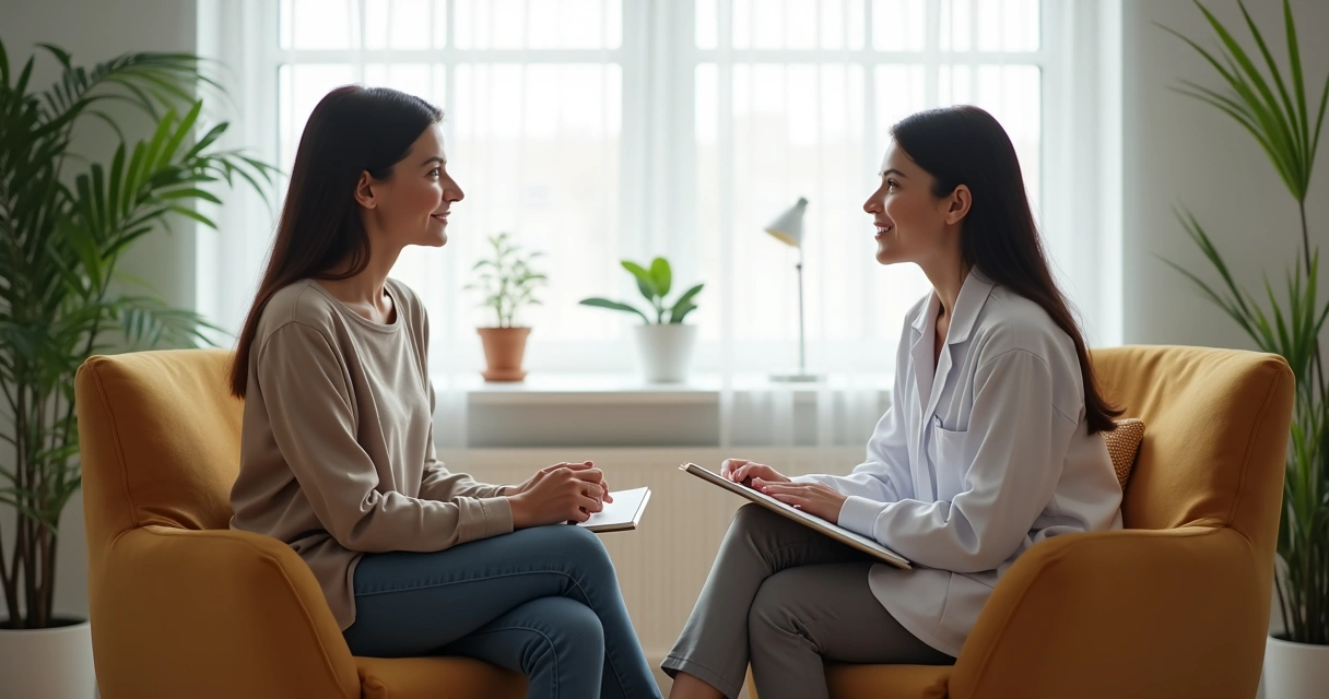 Profissional de saúde mental e paciente sentados frente a frente em consultório iluminado, em conversa acolhedora.