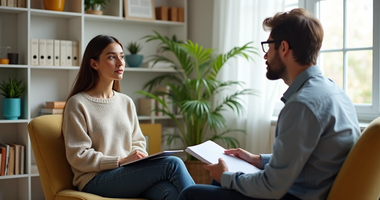 Terapeuta conversando com paciente em ambiente acolhedor 