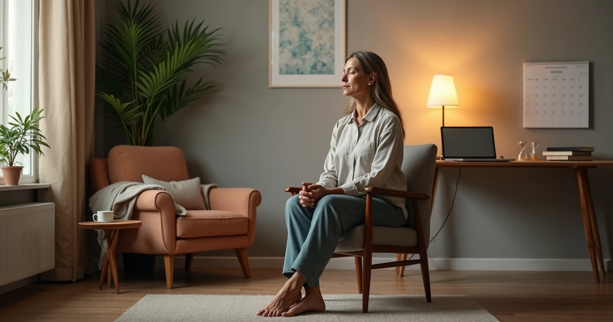 Terapeuta sentado em consultório entre espaços de descanso e de trabalho equilibrado 