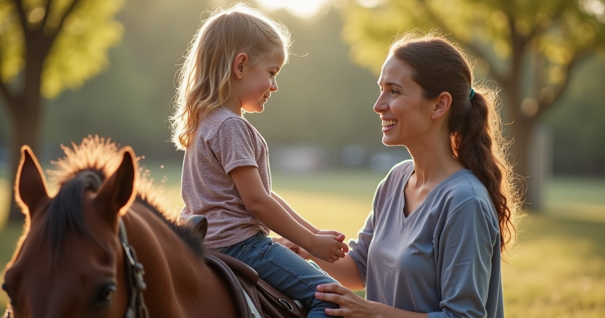 Terapeuta conversa com criança autista durante sessão de equoterapia 