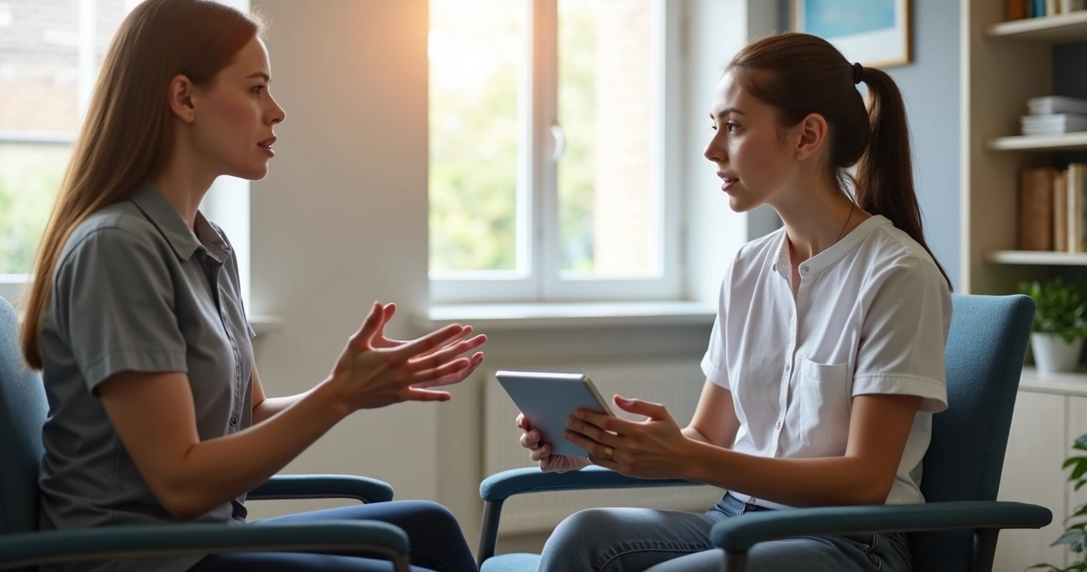 Terapeuta ouvindo paciente em sessão de reabilitação 