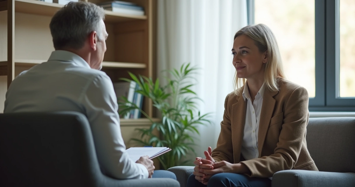 Terapeuta sentado, ouvindo atenciosamente paciente em consultório com expressão acolhedora. 