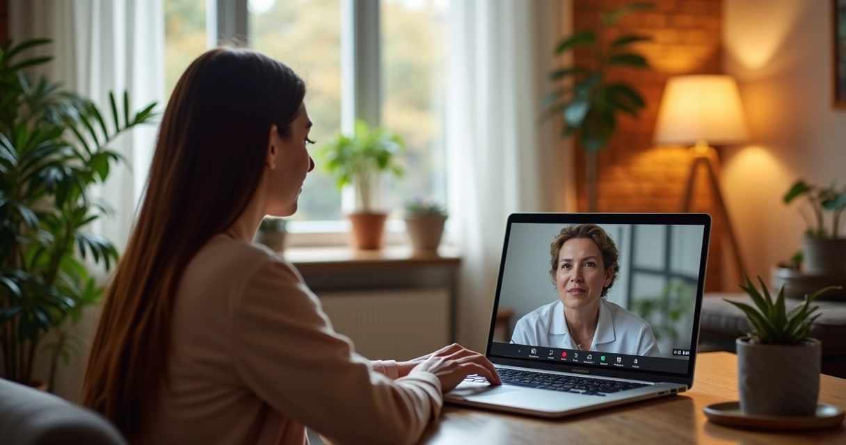 Terapeuta em sessão online ouvindo paciente atento em ambiente acolhedor e moderno