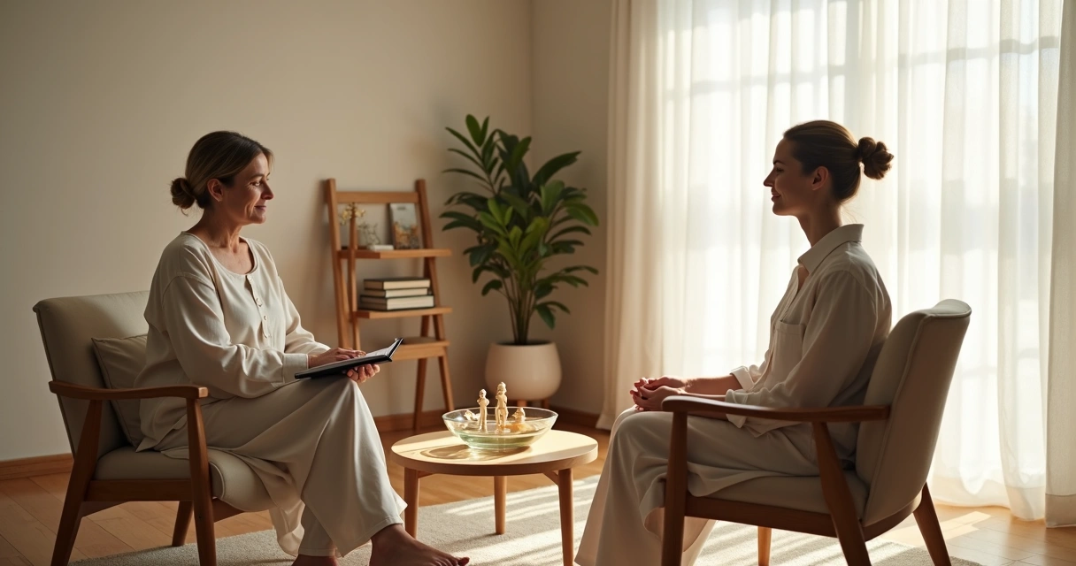 Terapeuta conduzindo exercício sistêmico suave com cliente em ambiente acolhedor 