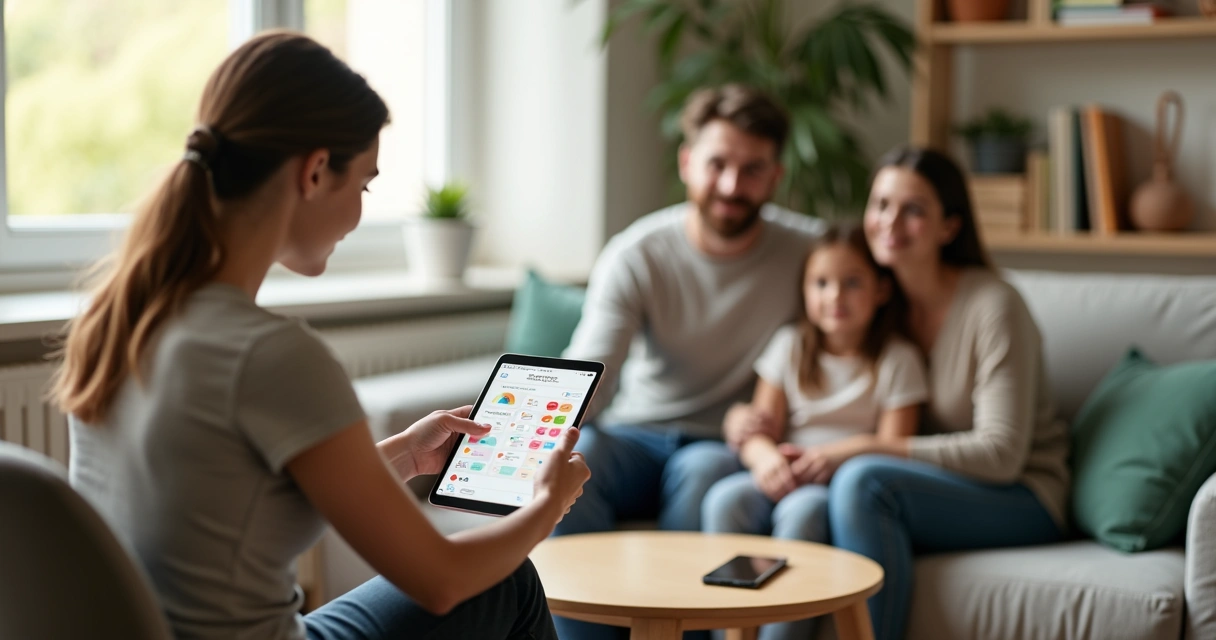 Terapeuta e família em círculo com tablet compartilhado 