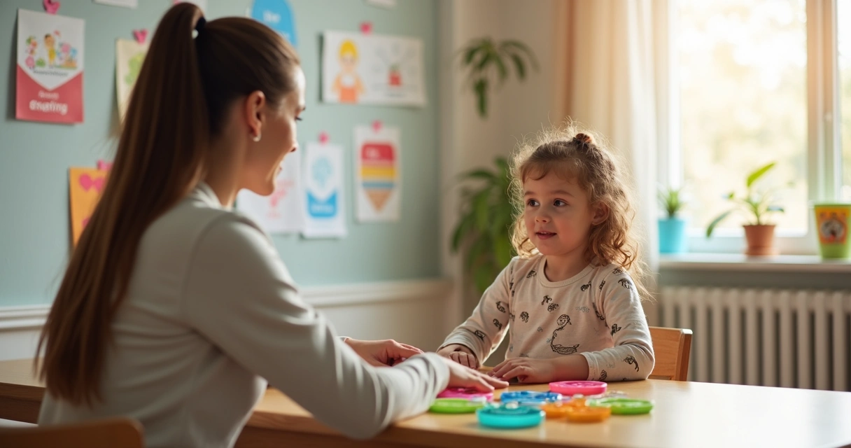 Terapeuta realizando sessão de fonoaudiologia com criança 