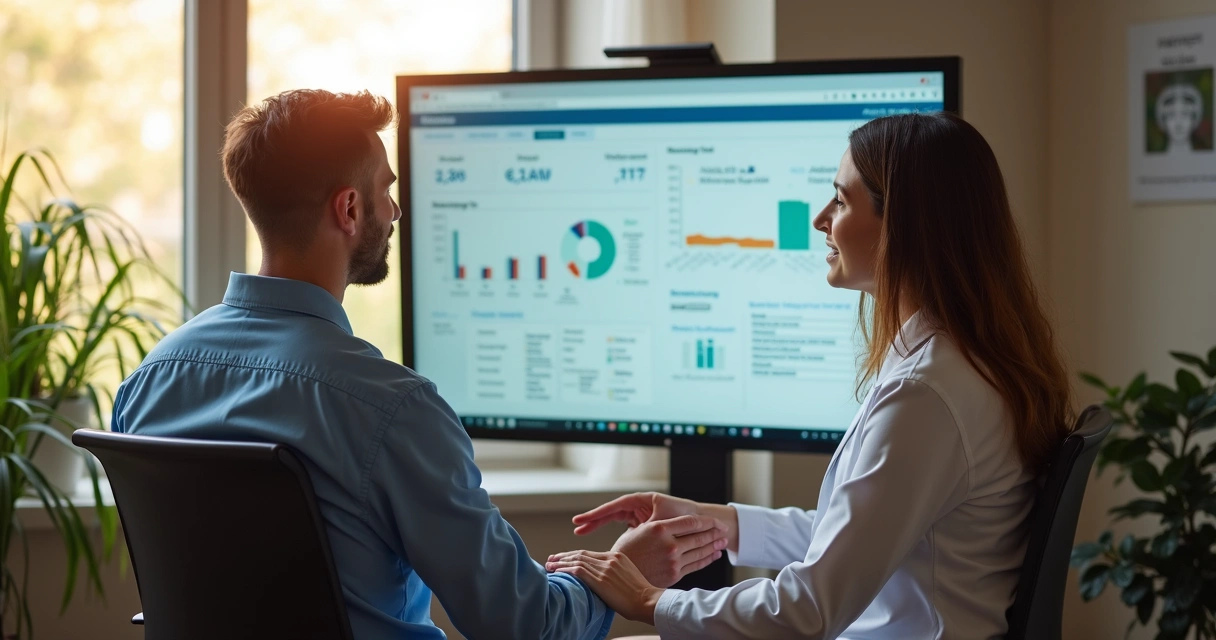 Terapeuta de reabilitação analisando dados em tela digital com paciente ao lado 