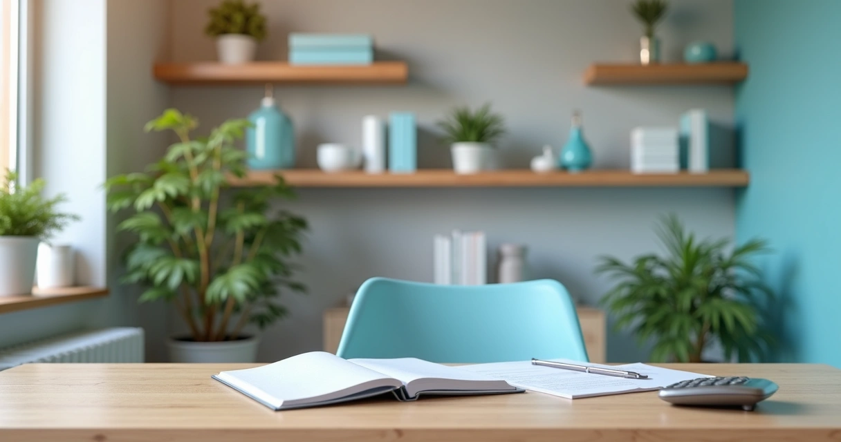 Consultório de terapeuta ocupacional com mesa e documentos 