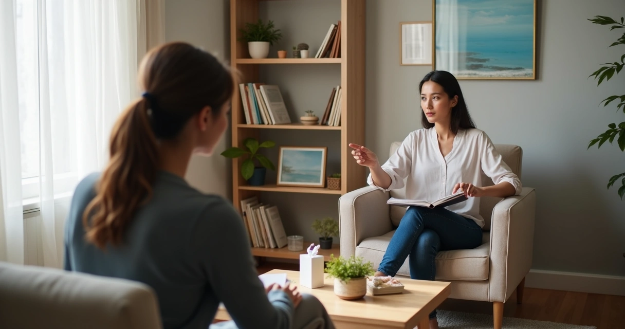 Terapeuta e paciente sentados frente a frente em consultório acolhedor durante conversa profunda 