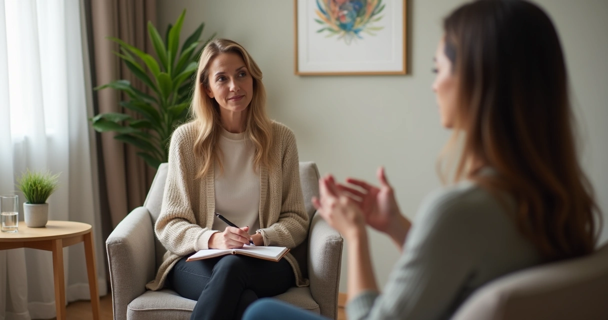 Terapeuta em postura neutra ouvindo cliente em consultório acolhedor 