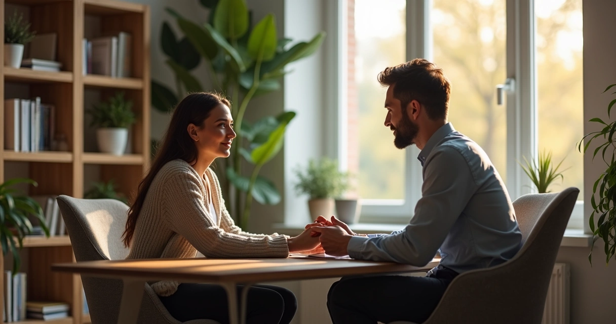 Psicólogo atendendo paciente em consultório moderno e acolhedor, com expressão calma e ambiente iluminado 