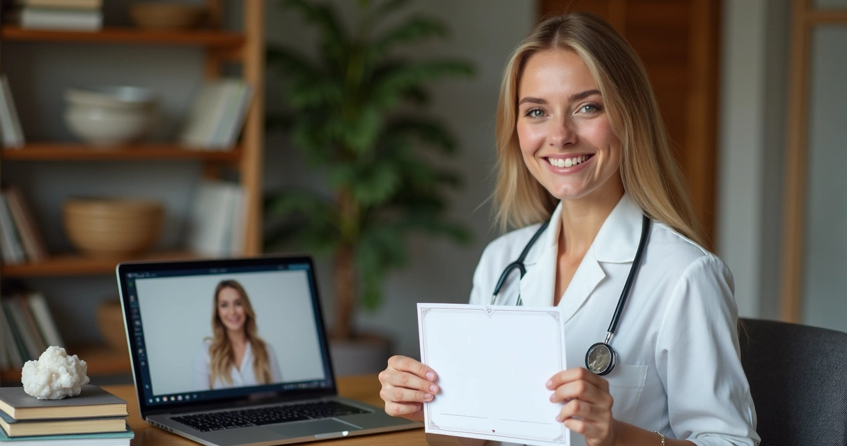 Terapeuta experiente de reiki sorrindo para cliente online 