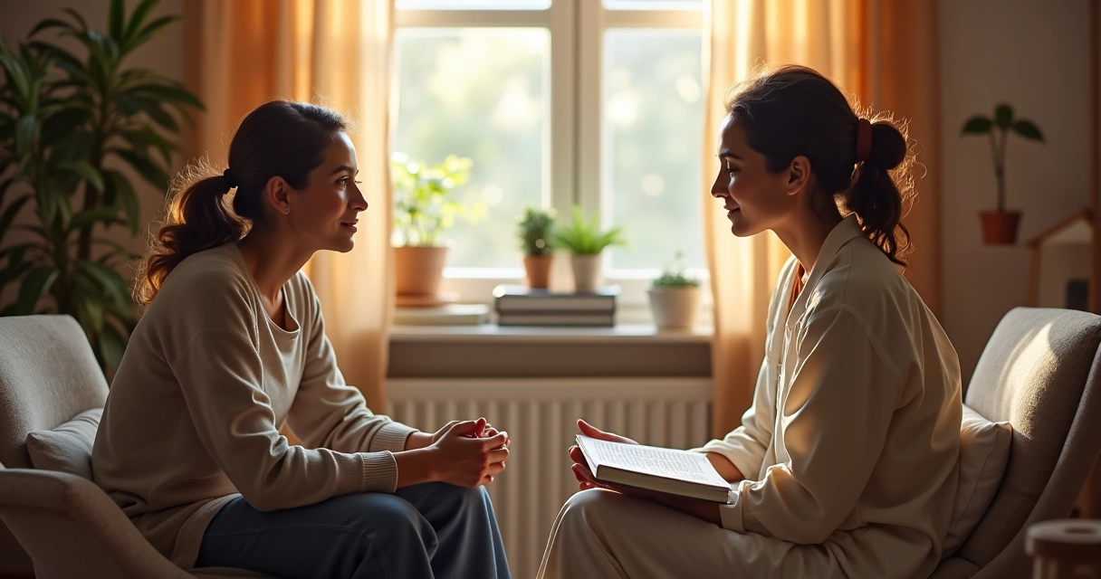 Terapeuta dialogando com paciente em ambiente acolhedor 