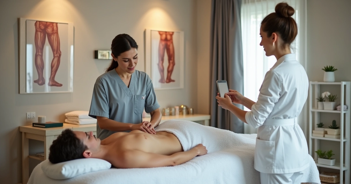 Terapeuta de spa em treinamento guiado em sala organizada 