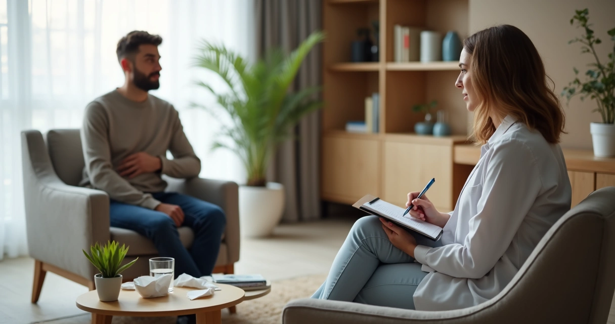 Terapeuta y persona sentados frente a frente en consulta luminosa y tranquila 