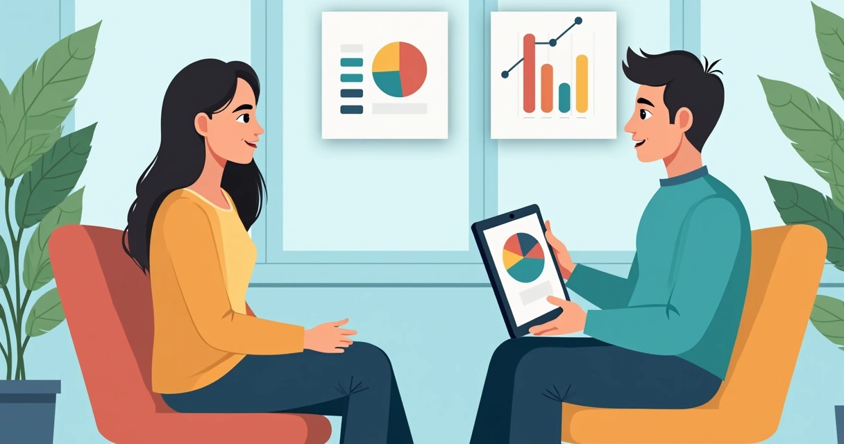 Dois adultos conversando sentados em uma sala moderna, com tablets e quadros informativos na parede 