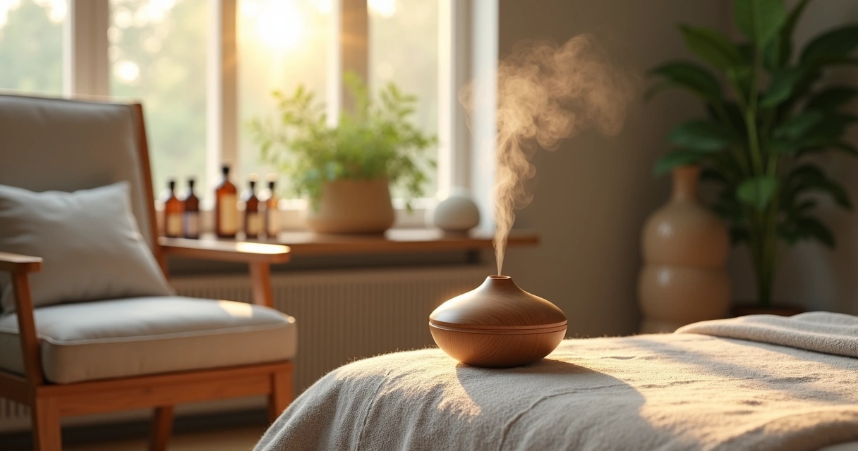 Sala de aromaterapia com ambiente relaxante e difusores de aroma