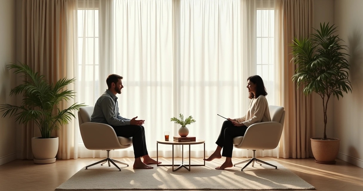 Mulher em sessão de terapia em consultório acolhedor com terapeuta anotando 