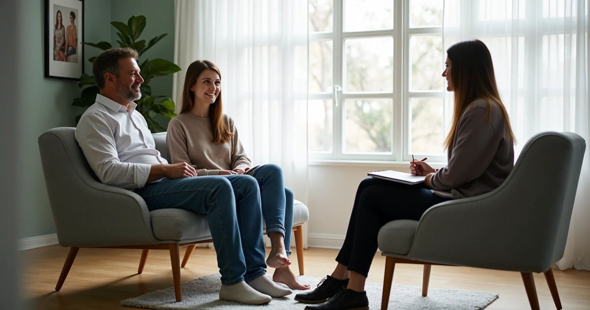Casal conversando com terapeuta em sala de terapia iluminada
