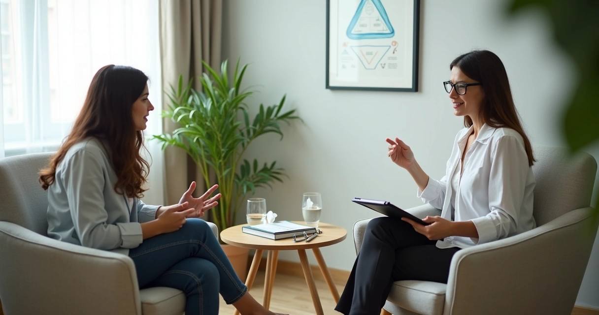 Terapeuta e paciente conversando em consultório de psicologia acolhedor 