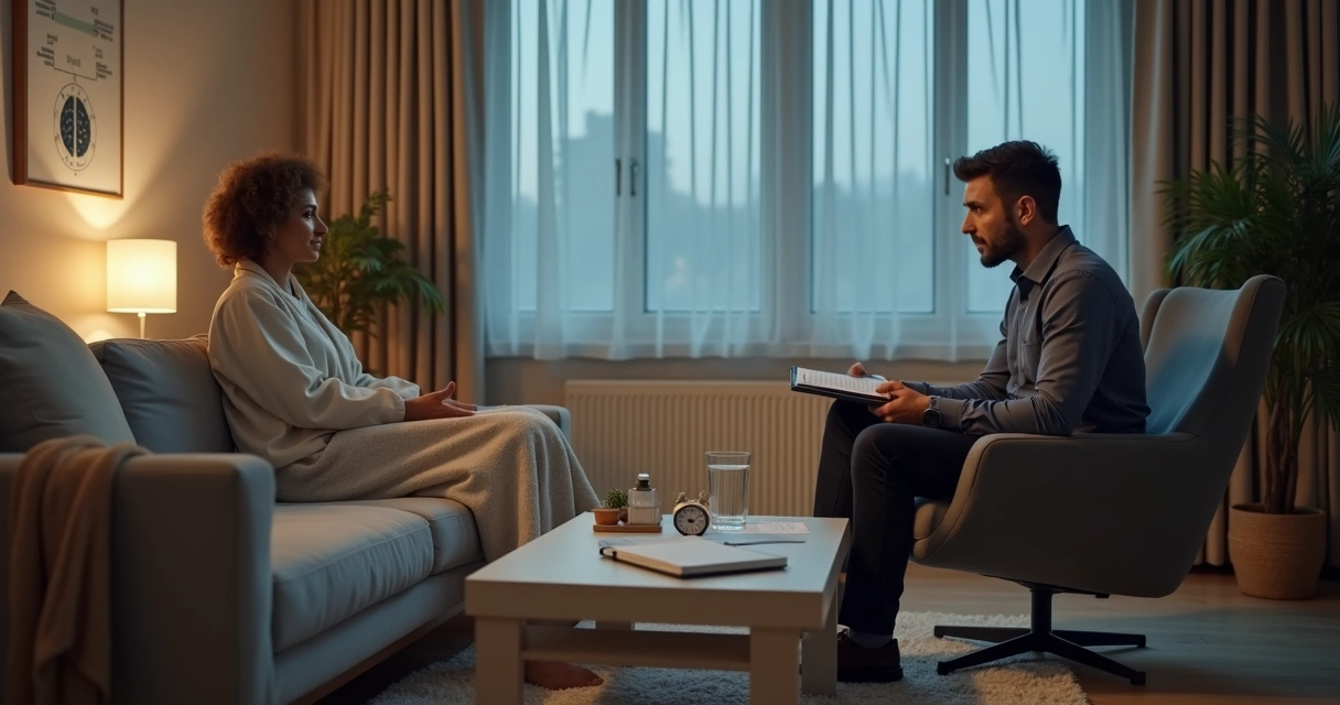 Psicólogo conversando com paciente sobre dificuldades de sono em consultório aconchegante 