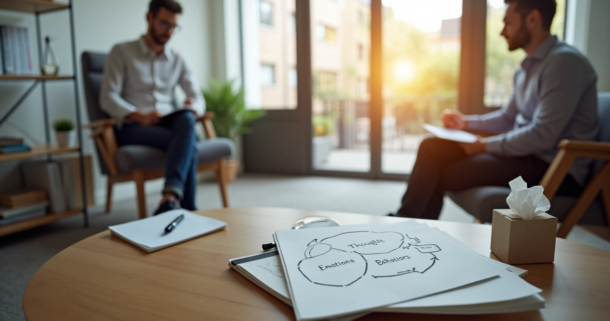 Psicólogo em consulta explicando terapia cognitivo-comportamental para paciente 