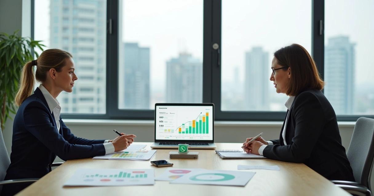 Gestora analisa gráficos de ROI de terapia corporativa em reunião com psicóloga 