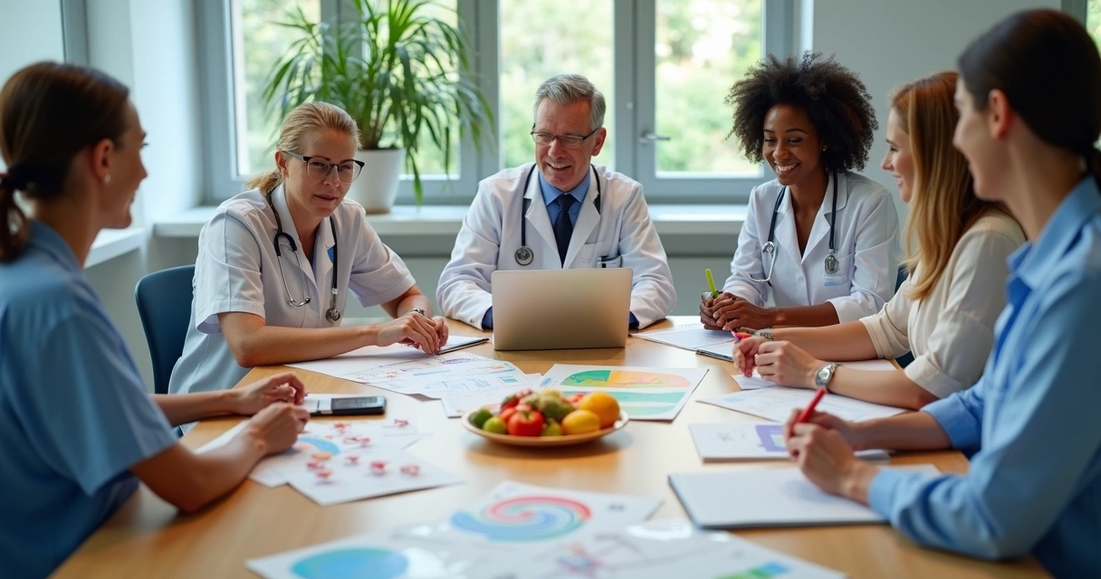 Equipe multidisciplinar reunida planejando tratamento 