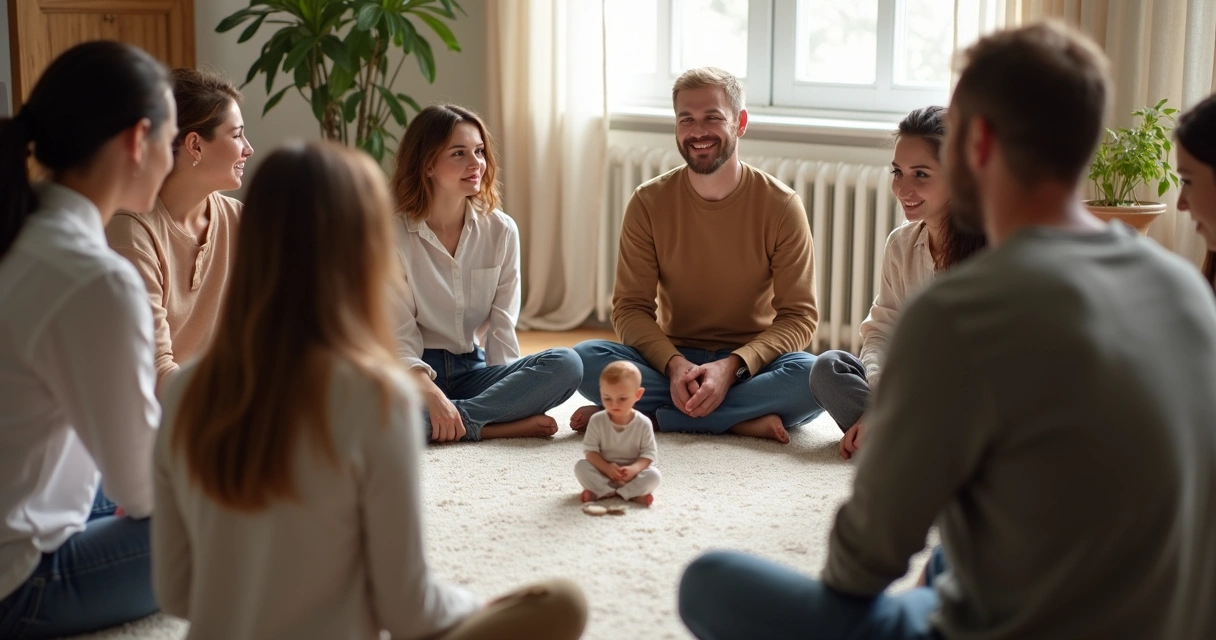 Varias personas sentadas en círculo, observando una figura central sobre una alfombra clara 
