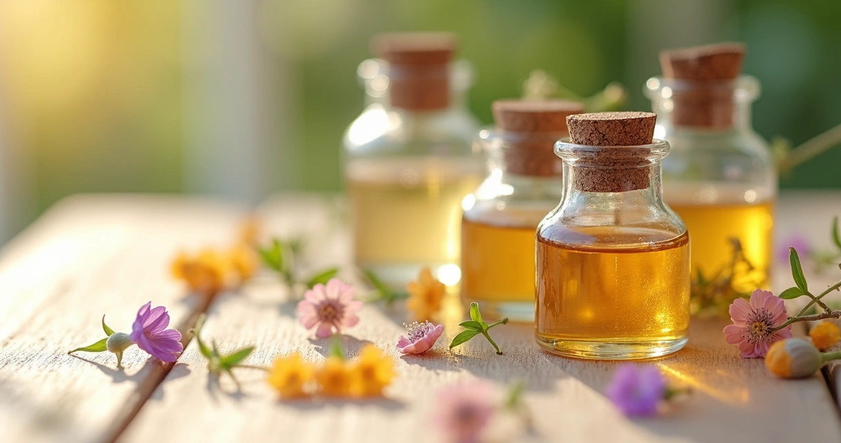 Frascos de essências florais sobre mesa de madeira clara com flores ao fundo 
