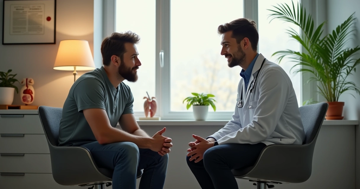 Homem e urologista conversando em consultório moderno, clima de acolhimento 