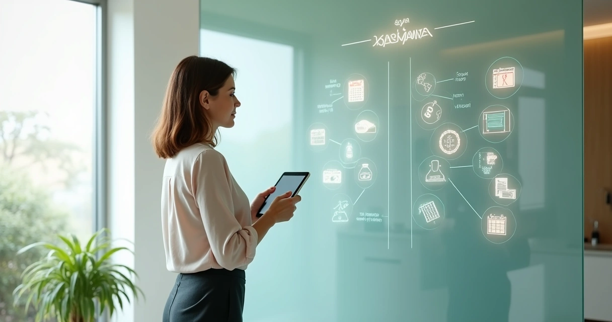 Mujer adulta analizando opciones de terapia hormonal frente a una balanza de símbolos médicos 