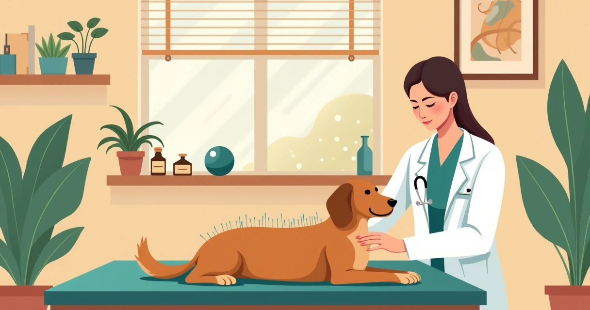 Veterinária aplicando acupuntura em um cachorro, ambiente acolhedor com elementos de relaxamento 