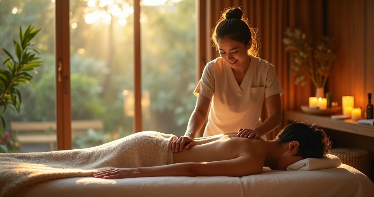 Terapia ayurvédica sendo aplicada em ambiente de spa com luz suave