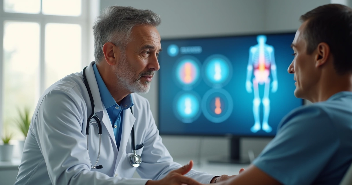 Médico explicando terapias não invasivas para dor crônica a paciente em consultório moderno 