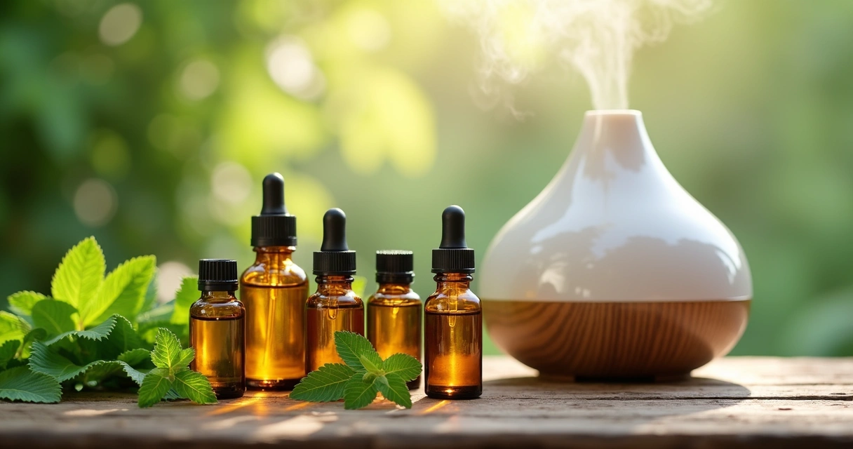Frascos de óleos essenciais sobre mesa de madeira com folhas verdes e difusor de aromas ao fundo 