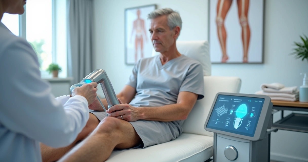 Paciente recebendo terapia por ondas de choque no joelho em clínica de ortopedia moderna 