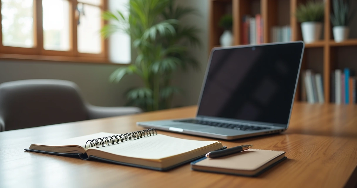 Sessão de terapia online em consultório com notebook e anotações 