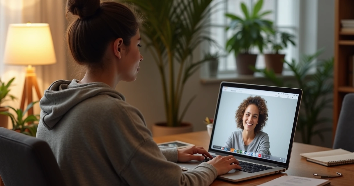 Pessoa sentada em casa em frente ao notebook em atendimento de terapia online 