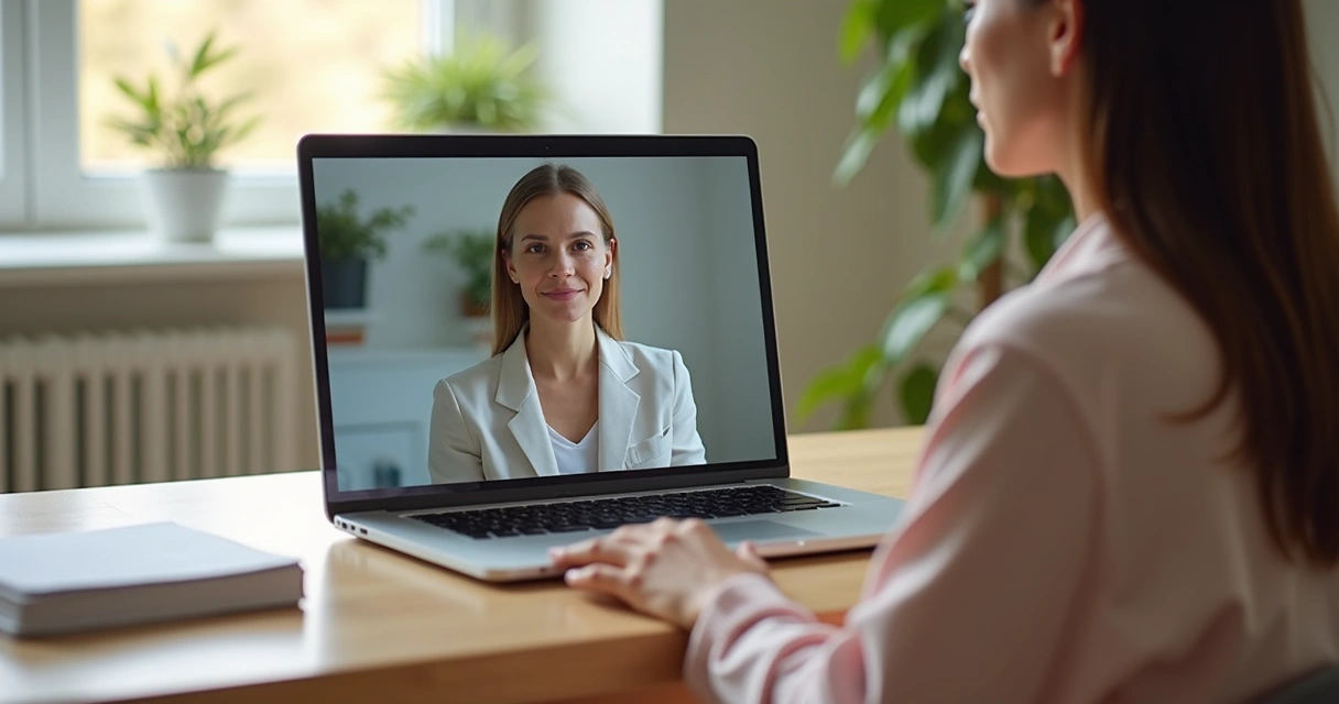 Pessoa em uma videoconferência com psicanalista, mostrando tela do computador e ambiente tranquilo