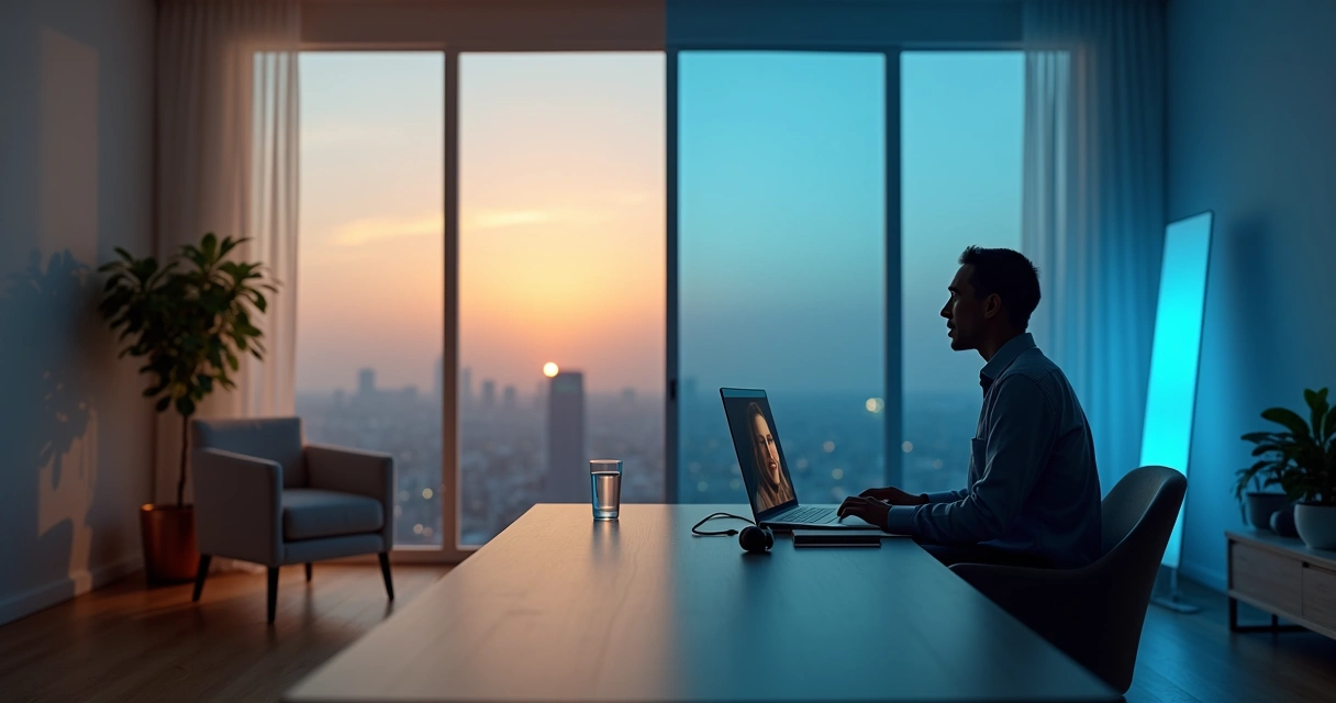 Divisão visual entre consultório de terapia presencial e ambiente de terapia online em 2026 