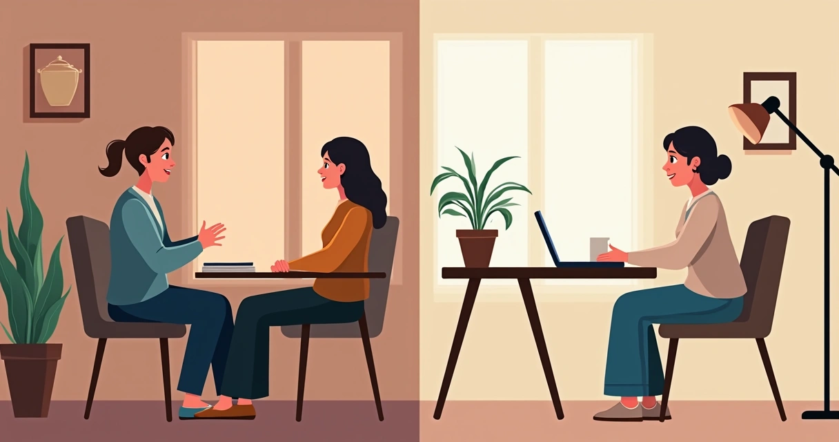 Paciente em terapia presencial e outra em terapia online