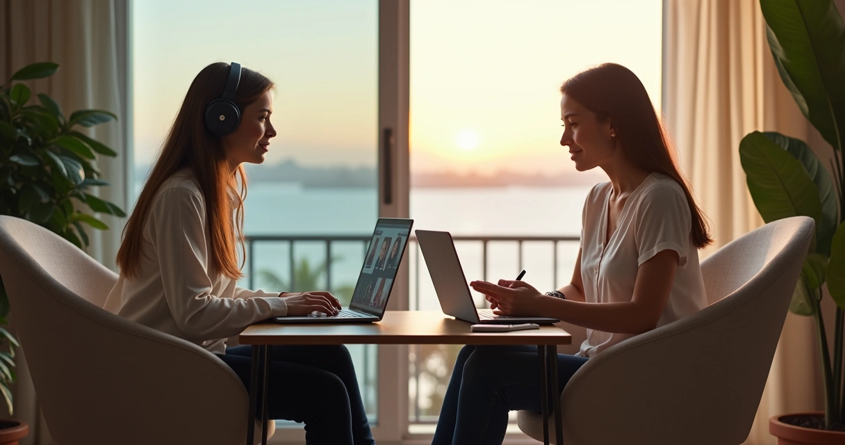 Mulher avaliando terapia online no notebook e terapia presencial no consultório em Salvador 