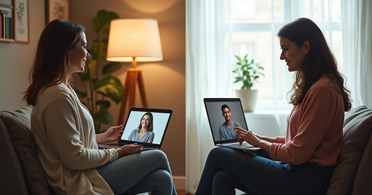 Duas mulheres em atendimento psicológico, uma em consultório presencial e outra em sessão online por videoconferência 