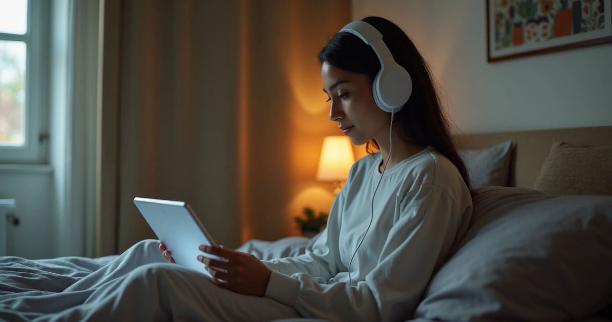 Pessoa fazendo terapia online em ambiente privado, fones de ouvido e luz suave 