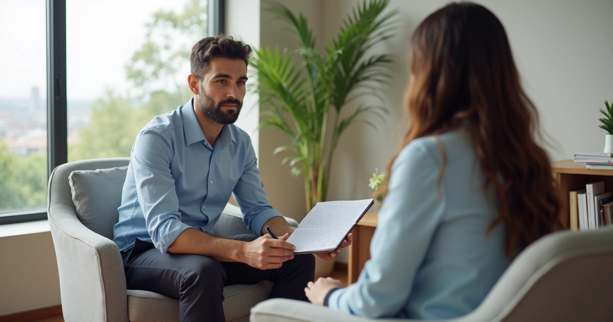 Psicólogo em consulta acolhedora com paciente em consultório moderno 