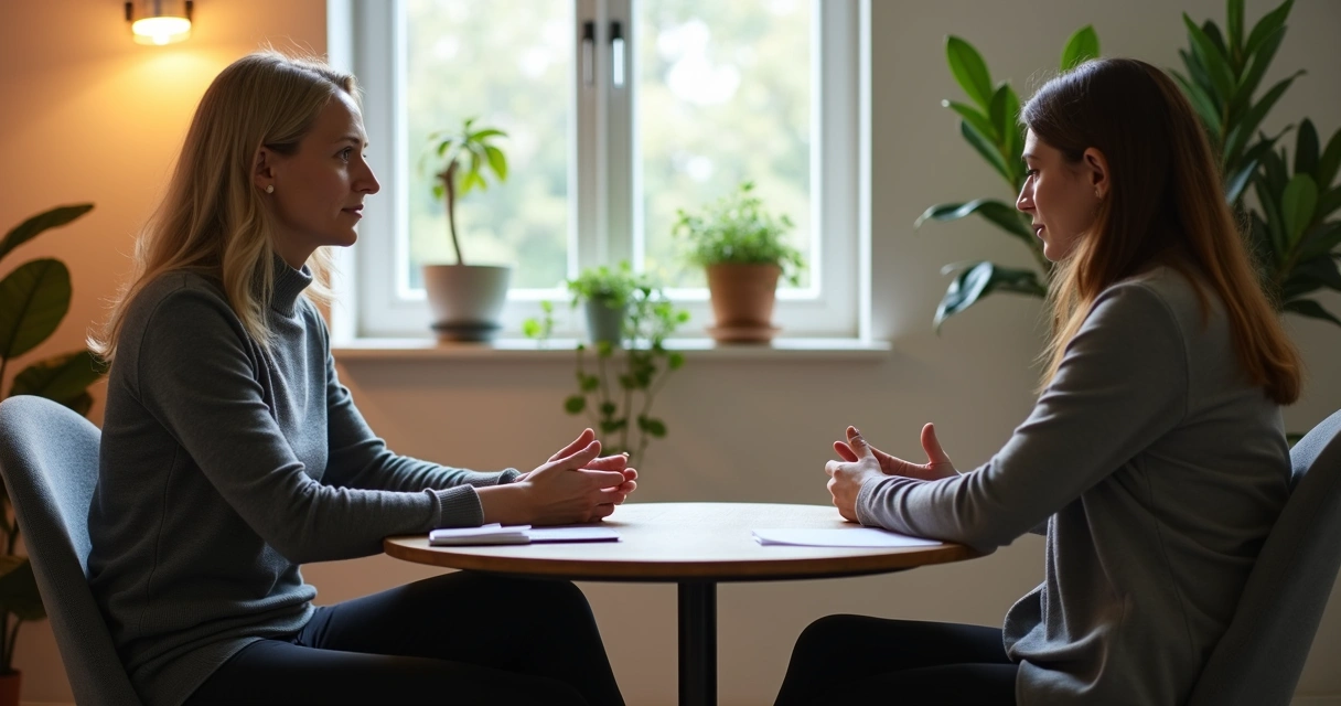 Terapeuta escutando paciente em uma sala de atendimento com mesa, papéis e plantas 