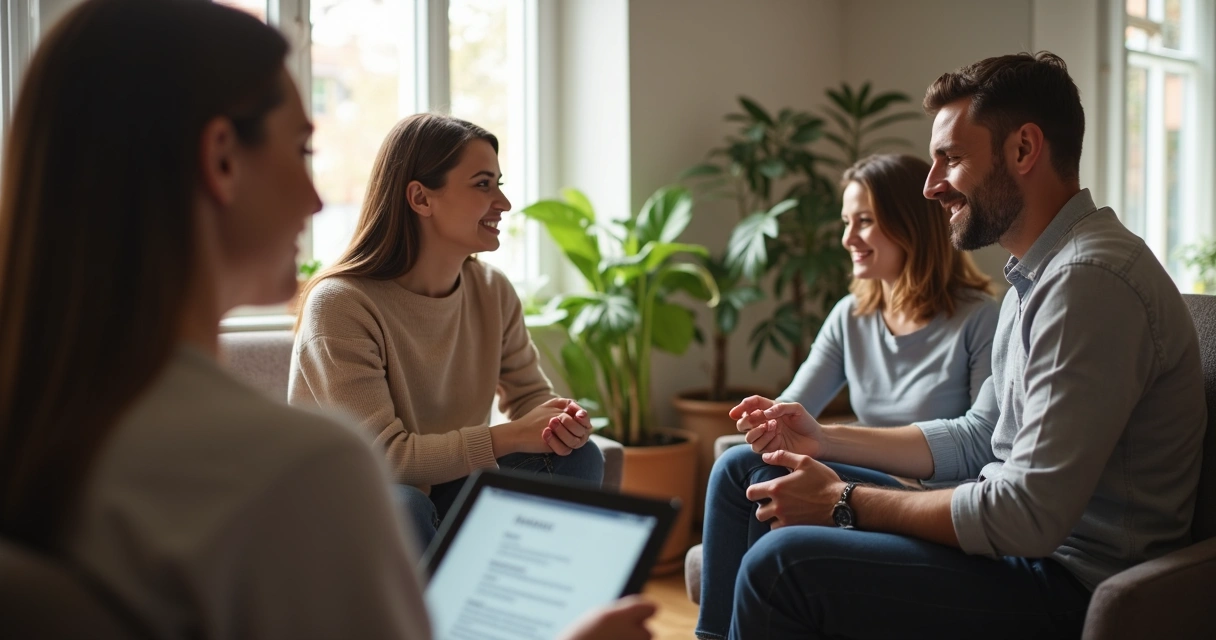 Homem e mulher sentados frente a frente conversando em consulta de terapia sexual com clima acolhedor